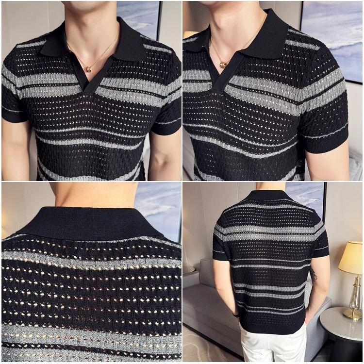 Verano nuevo estilo suéter de manga corta camisa POLO a rayas huecas para hombre camiseta de seda de hielo de negocios con cuello en V comercio exterior al por mayor transfronterizo