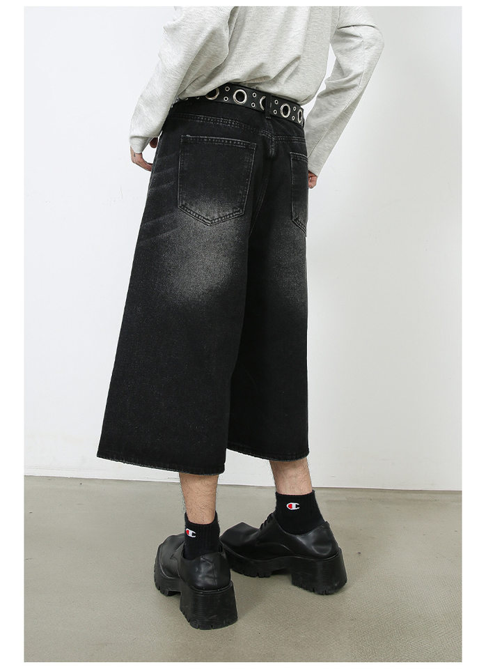 Quần jean nam ống rộng lửng 7/10 phong cách Hàn, lưng cao thoải mái — Làm cũ, Màu trắng, Màu xanh denim thô, Màu đen thô chi tiết 16