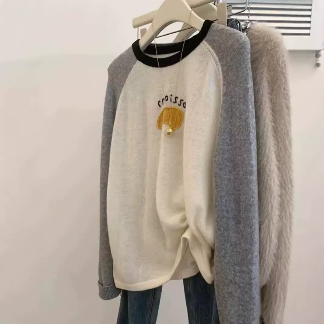 春秋韩系羊毛女套头宽松设计感撞色毛衣内搭软糯针织打底减龄
