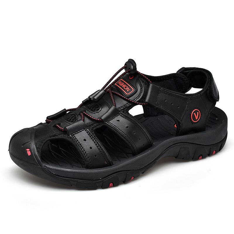 Sandalias de verano para hombres de talla grande zapatos de playa al aire libre Velcro sandalias de Punta cerrada cuero genuino capa superior cuero transpirable zapatos Casuales