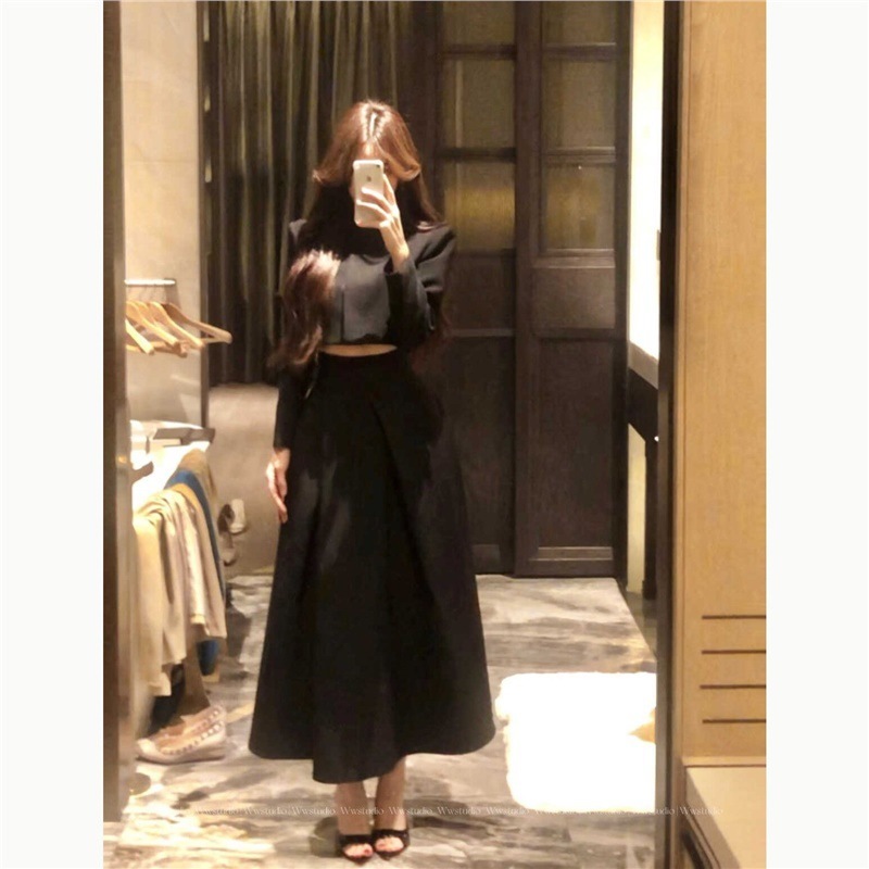 法式赫本风高级感优雅气质收腰显瘦上衣/长半裙两件套女名媛套装|undefined