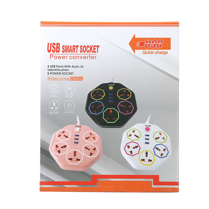 CX-T16 # 2m cables octogonales creativos 5 placa de conexión 3 enchufes USB en el extranjero enchufes de comercio exterior