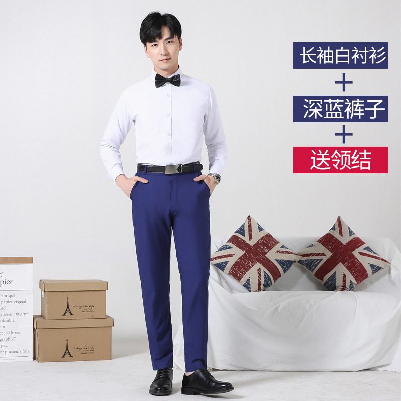Long-sleeved white shirt + dark blue pants with bow tie / M