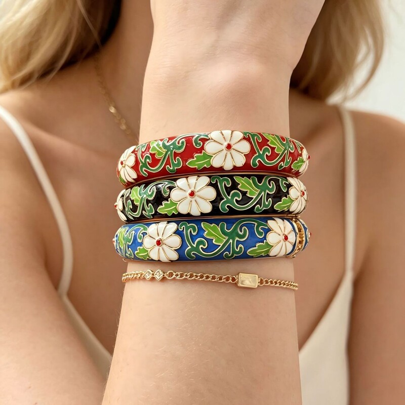 14K Gold Cloisonné Bracelet New Chinoiserie Enamel Colorful Oil Dripping Flower Spring Opening Bracelet Chinoiserie Bracelet 14K Gold Cloisonné Bracelet New Chinoiserie Enamel Colorful Oil Dripping Flower Spring Opening Bracelet Chinoiserie Bracelet