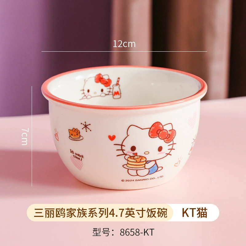 三丽鸥 Hello kitty, ceramic cartoon tableware for feeding, spoon with glass, chopsticks, set