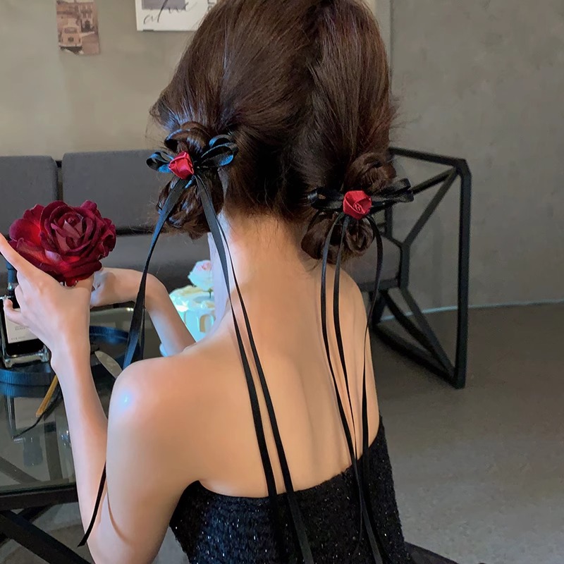 ballet style rose ribbon bowknot barrettes women‘s back head ribbon atmosphere hair accessories exquisite high-grade headdress