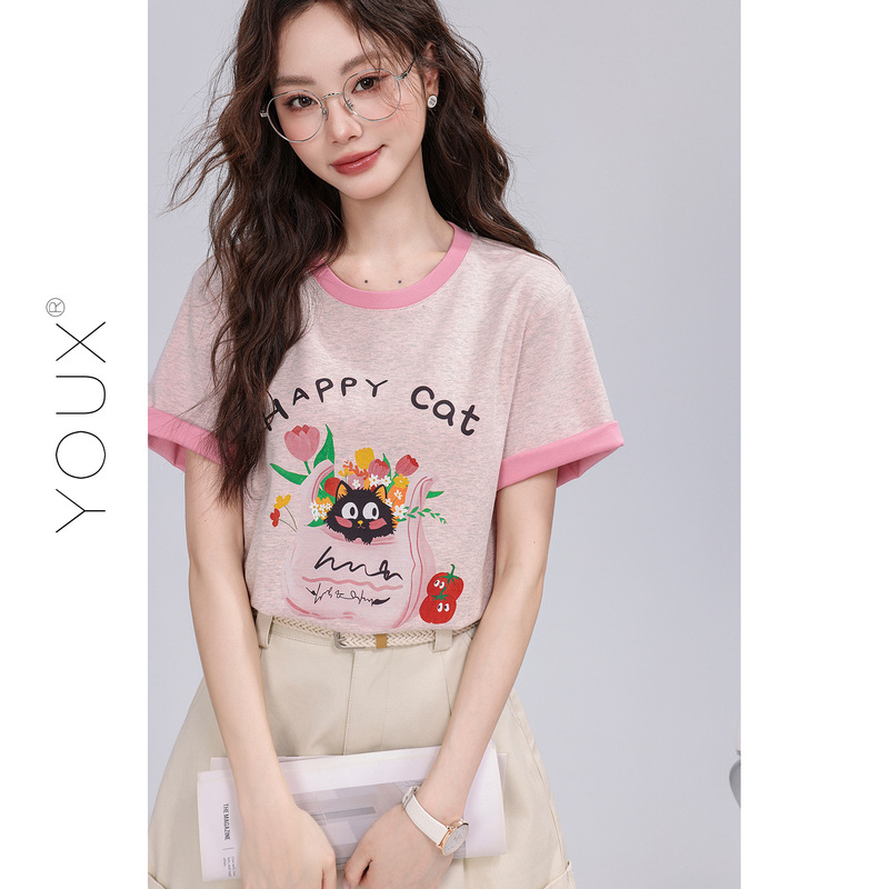 又巷【花束猫咪】粉色短袖2025夏新款通勤猫咪印花圆领宽松t恤女|undefined
