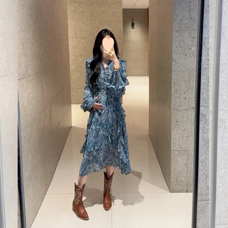 法式气质领花边蓝色碎花裙长款连衣裙2025春新款气质显瘦度假裙|undefined