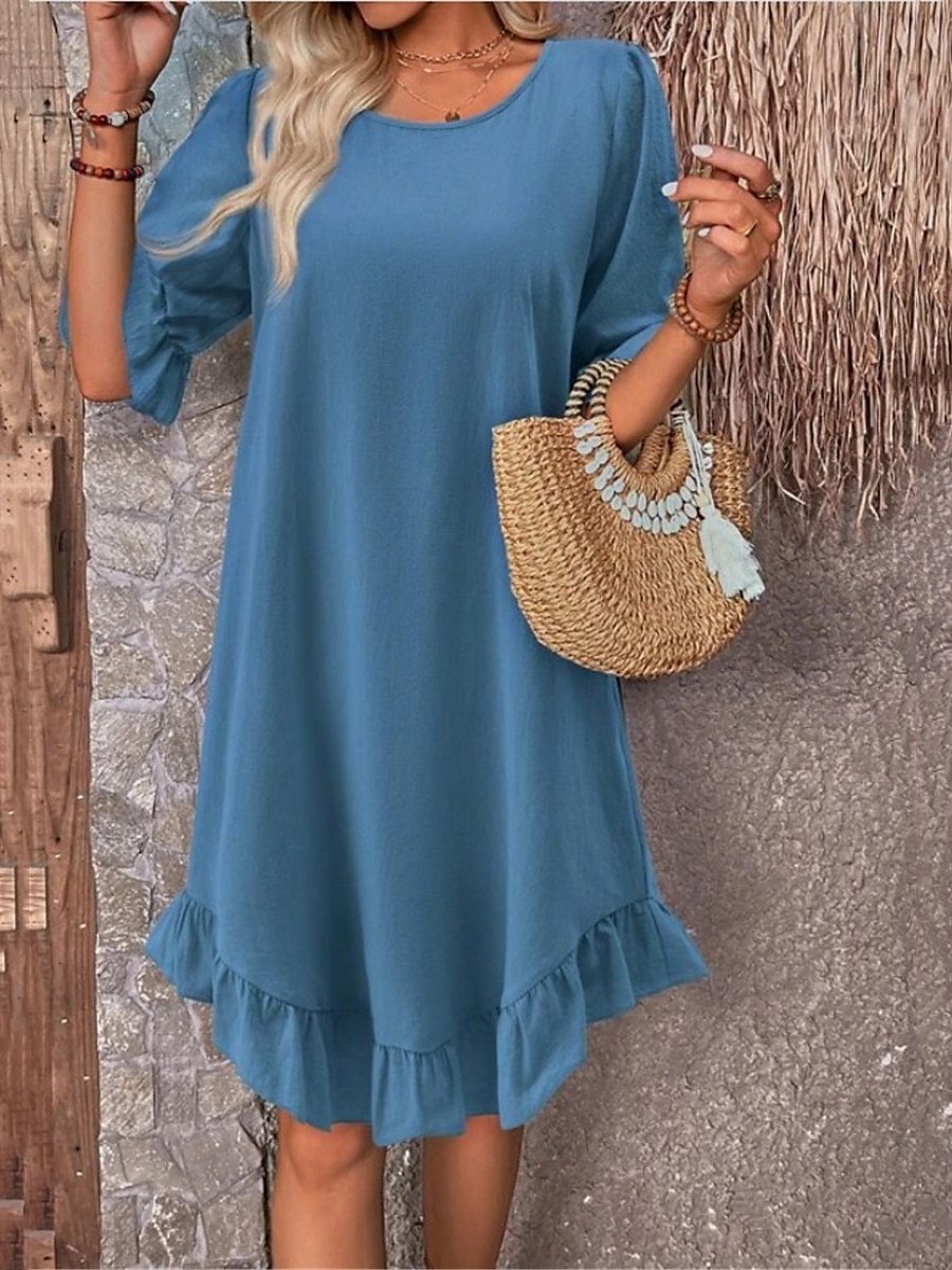 Regular Sleeve Sleeve Type Wholesale Women's Simple Style Ruffles Solid Color Daily Round Neck Half Sleeve Regular Dress