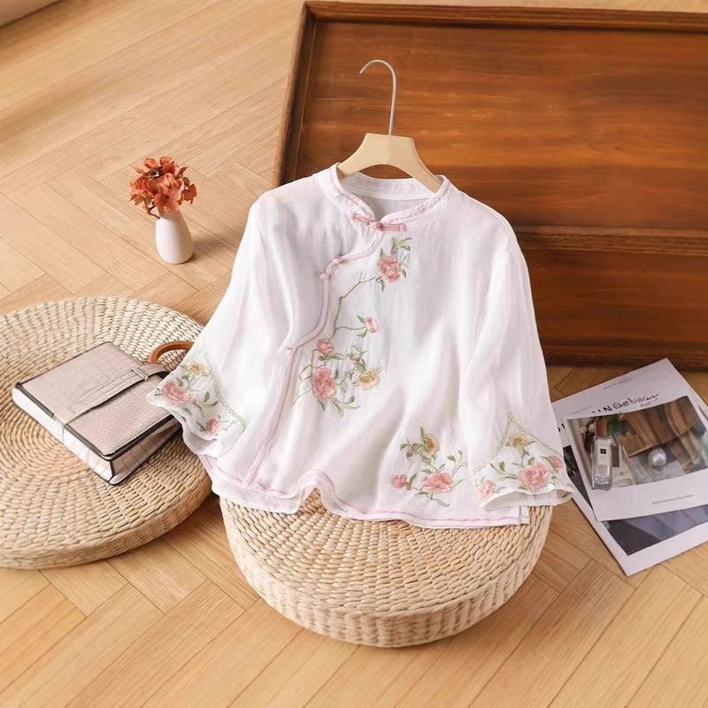 Women's National Style Top Cotton Embroidered Shirt Women's National Style Summer New Chinese Style Slant Placket Buckle Shirt High-end Art