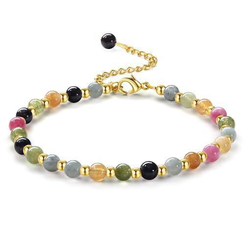 Women's Natural Stone Bracelet with Gold Beads, Green Aventurine, Lapis Lazuli, Adjustable Bracelet with Irregular Mixed-Color Chalcedony