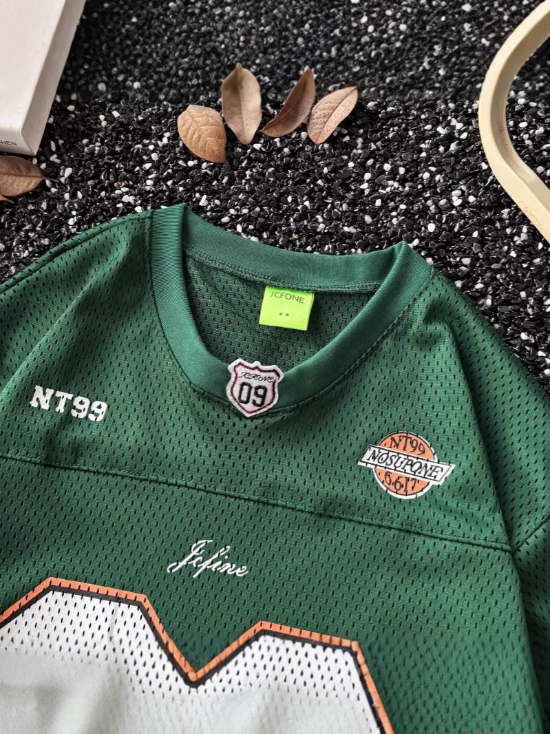 Unisex vintage mesh V-neck football jersey T-shirt detail 5
