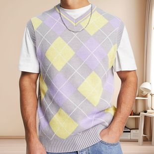 Amazon cross-border men's clothing European and American spring and autumn thin knitwear rhombus jacquard wool vest SY0050