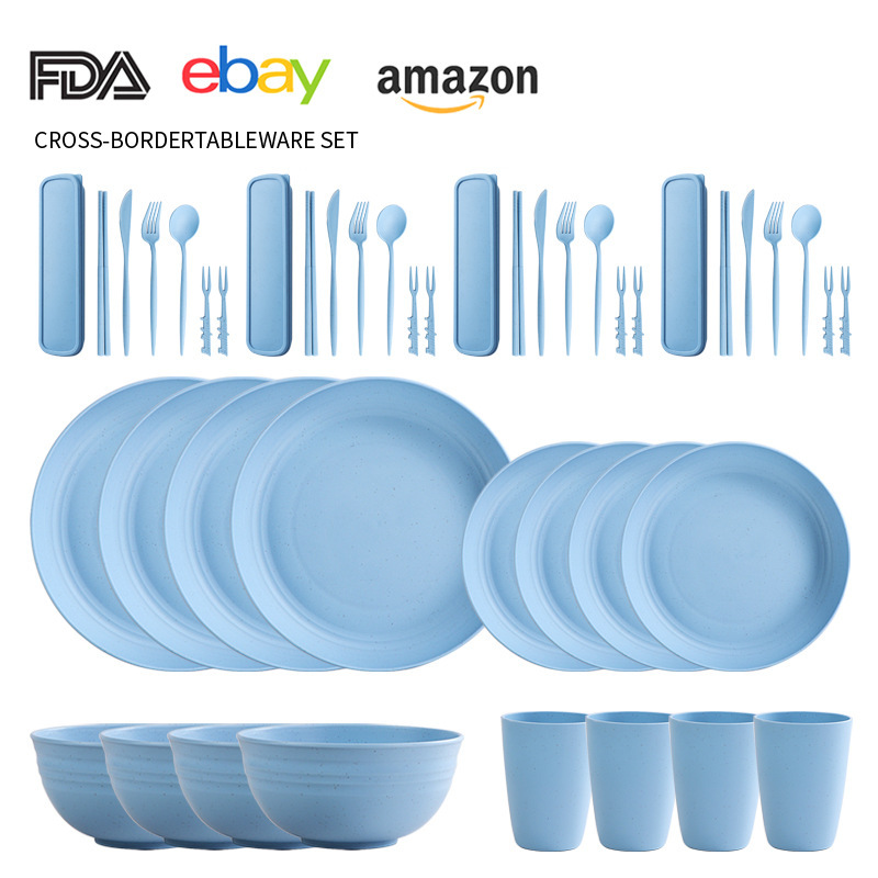 国境を越えたアマゾン食器皿食器セットプラスチックpp小麦わら皿ボウルカップ44セット食器ナイフフォークスプーン|undefined