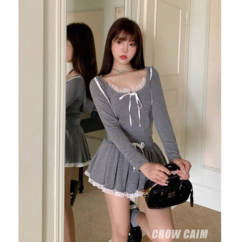 레이스 스티칭 그레이 짧은 티셔츠 후드 스웨터 핫 걸 세트 여성 가을 A 라인 스커트 캐주얼 투피스 세트