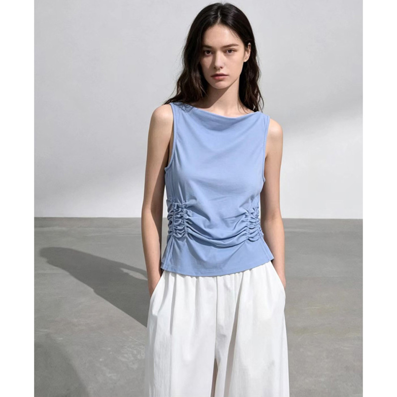 Elegant and Stylish Waist-Pleated Vest for Women, Summer 2026 New Style, Sleeveless Top, Women's High-End Fashion, Light Blue and White Summer