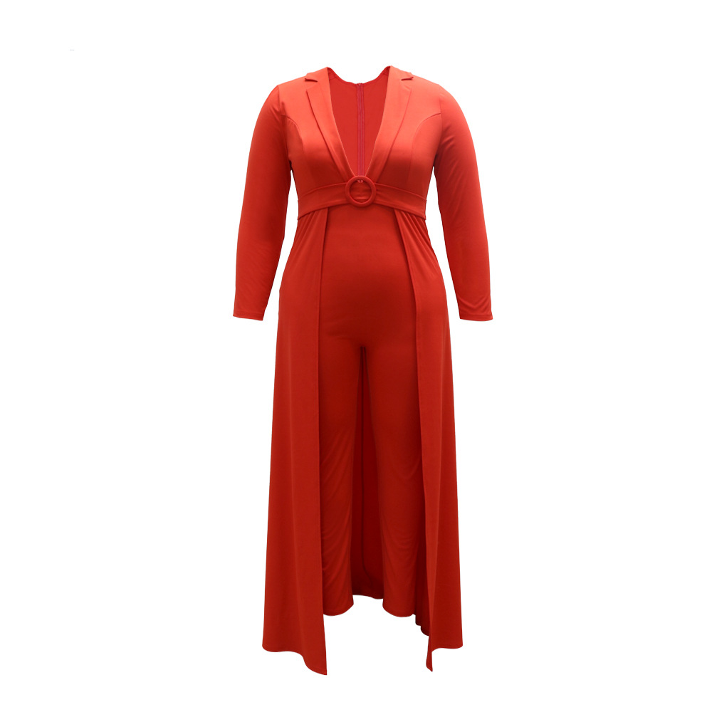 V-Neck Solid Color Slim Plus Size Jumpsuit NSCYF80208