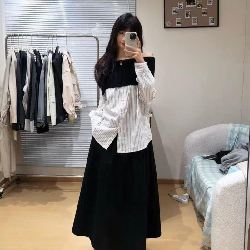 十三行早秋新款设计感一字肩条纹衬衫女法式宽松慵懒风长袖上衣|undefined