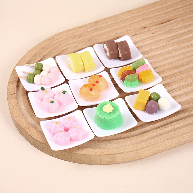 仿真四角甜品盘挂件迷你红糖馒头芋圆水果甜点盘过家家食玩玩具