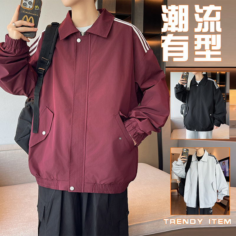 Cross-border Fujian goods, three-stripe American-style sports jacket, men's autumn and winter, fleece-lined, thickened, warm, windproof, lapel.