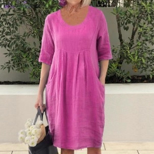 Amazon Independent Site Spring, Autumn and Winter Long-Sleeved Round Neck Flap Pocket Pants Pure Color Large Hem Dress Royal Blue Rose Red