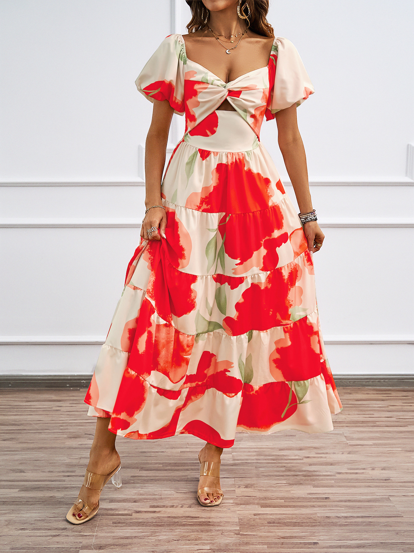455g Weight Maxi Long Dress Dress Length Type Short Sleeve Sleeve Length Swing Dress Dresses Type Puff Sleeve Sleeve Type Polyester Fabric Type High Waist Waist Line Holiday, Daily Occasion Off Shoulder Neckline Regular Fit Fit Type Color Block, Painted Flower Pattern Summer Season Women's Gender Printing Design Elegant, Streetwear Style Wholesale Women's Elegant Streetwear Printing Color Block Painted Flower Holiday Daily Off Shoulder Short Sleeve Swing Dress 11