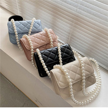 流行小包包女包新款2021新款韓版夏季菱格鏈條珍珠手提斜挎包