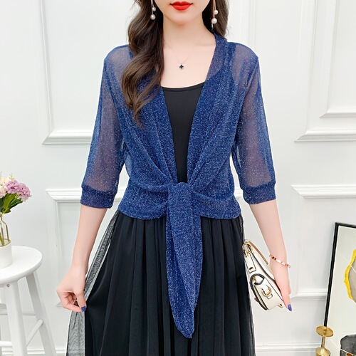 Silver and gold thread mesh shawl, women's cardigan, large size, lace trim with bolero, sun-proof wrap, air-conditioning shirt, versatile solid color.