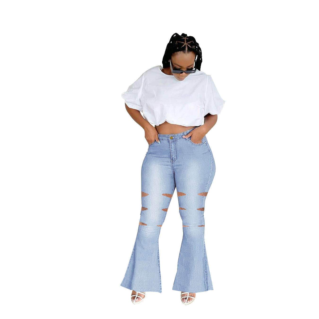 Plus Size Low Stretch Ripped Bootcut Jeans NSWL110972