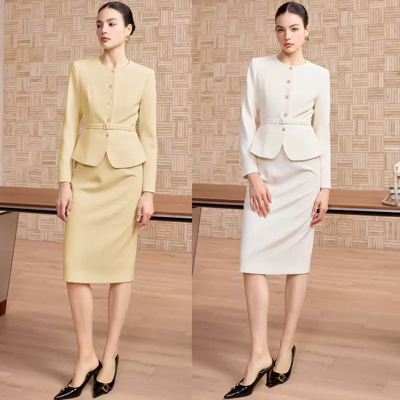 春秋精致高级感圆领职业女裙接待套装修身显瘦简约复古正装工作服