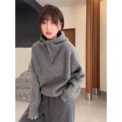 韩系慵懒风半拉链连帽针织毛衣女秋冬季新款宽松显瘦内搭外穿上衣