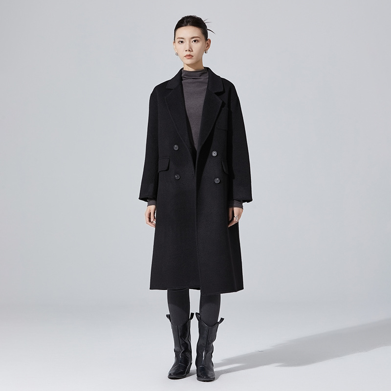 Hepburn Style Long Wool Series Double-Sided Woolen Wide Version Cocoon-Shaped Double-Breasted Textured Casual Extended Coat for Women