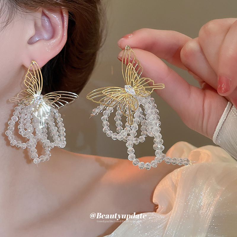 Pendientes de borla de cristal de mariposa de circón de aguja de plata Pendientes de lujo ligero de moda francesa Pendientes de temperamento femenino Sensación de clase alta de nicho