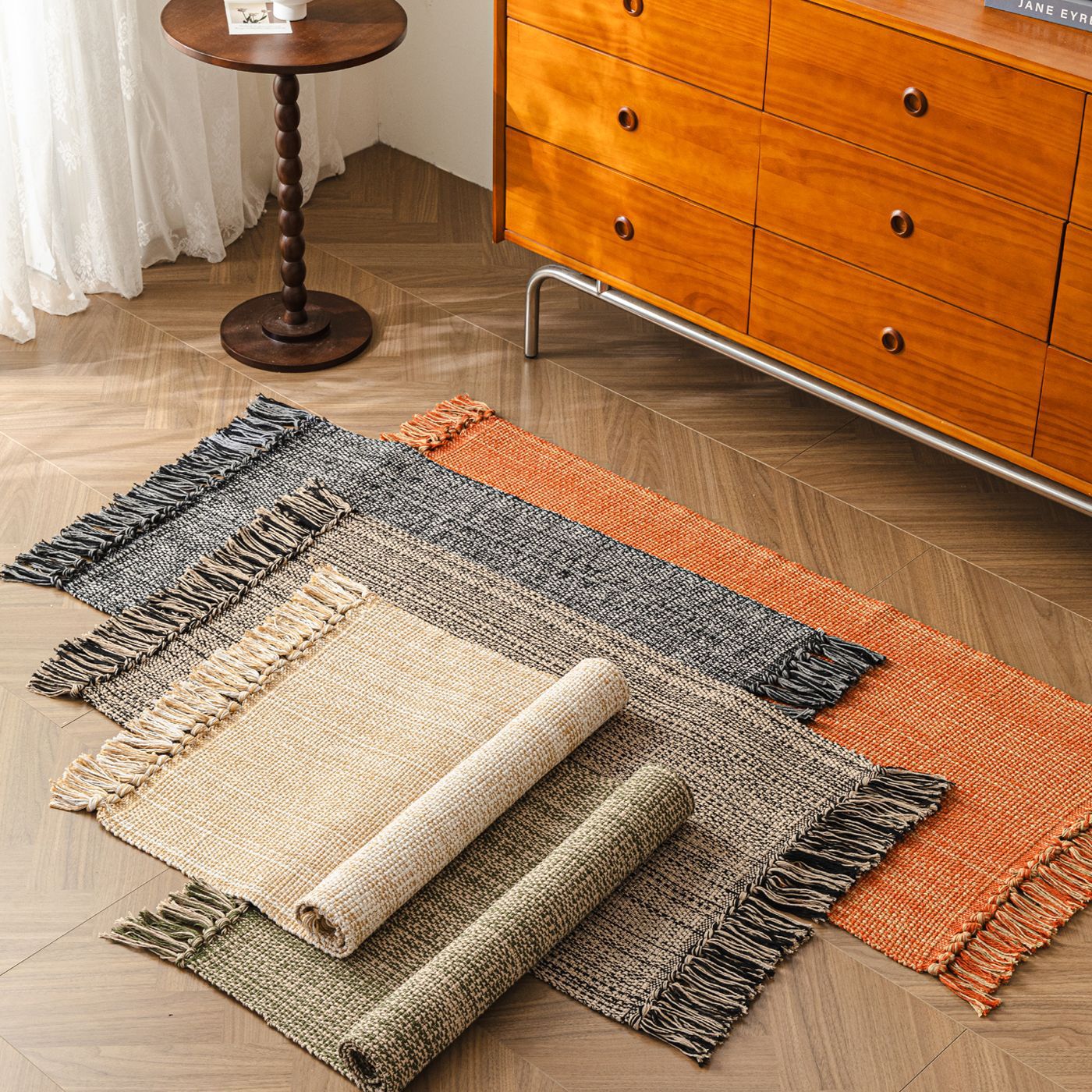 Medieval Style Cotton Thread Hand-Woven Tassel Carpet Bedroom Bedside Glue-Free Floor Mat B&B Leisure Versatile Mat