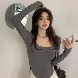 T恤女装春秋紧身短裤性感低领辣妹不规则修身长袖内搭打底衫上衣