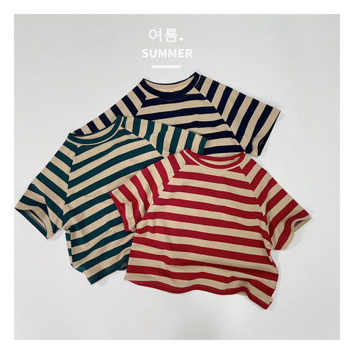 Korean style children's striped short-sleeved T-shirt summer new style casual short-sleeved bottoming shirt for boys and girls baby