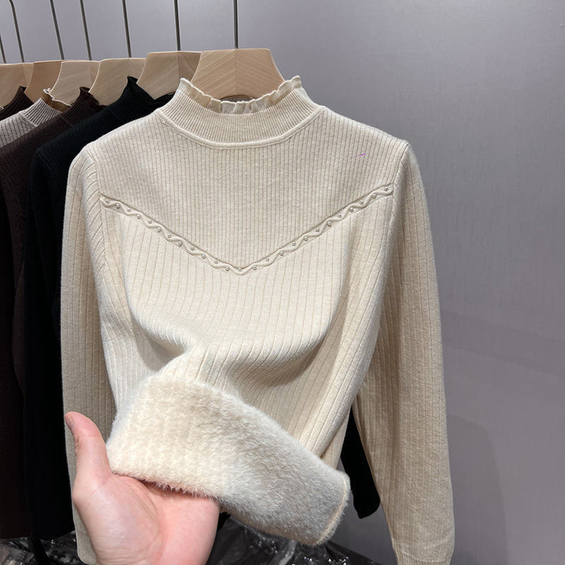 One-Piece Velvet Bottoming Shirt for Women in Autumn and Winter, Half Turtleneck, Velvet Thickeneded Sweater, Lace Knitted Inner Top, Warm and Versatile