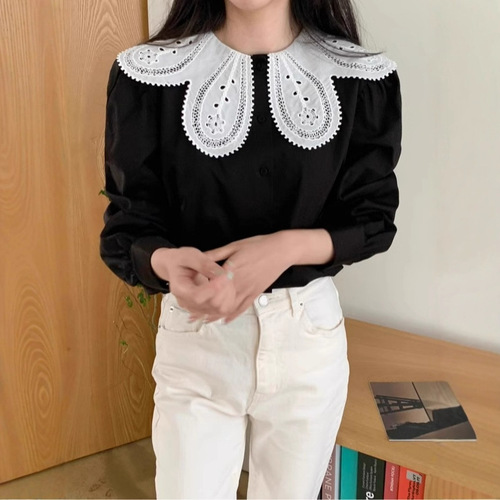 Korean Dongdaemun Spring and Autumn Retro Design Ruffle Collar Bubble Sleeve Women's Shirt