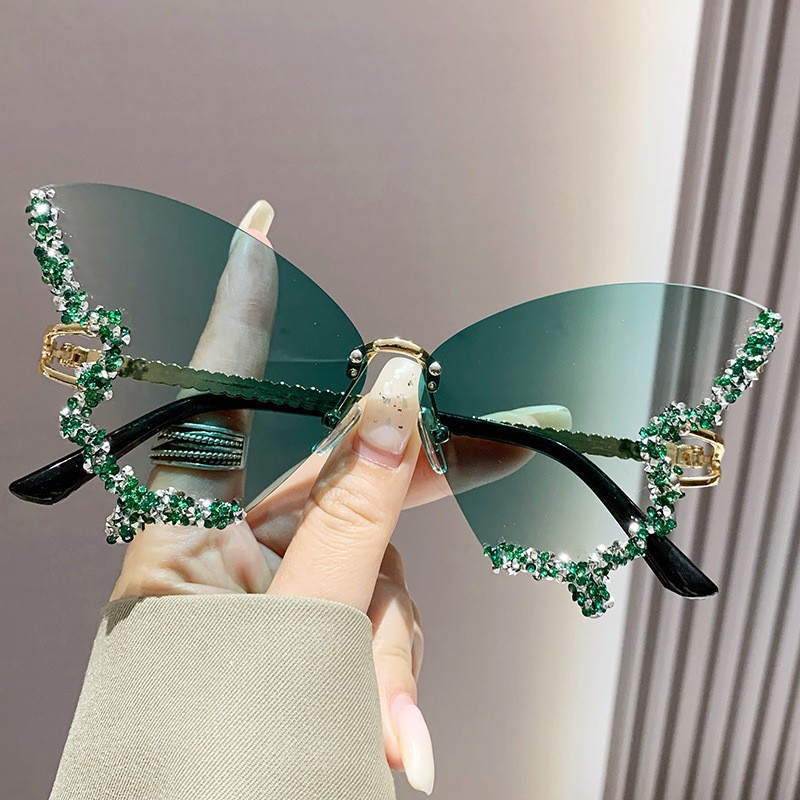 Gafas de sol sin marco con forma de mariposa y strass, estilo exagerado – Producto transfronterizo