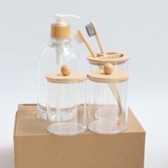 透明押し手洗い瓶歯ブラシカップ浴室4点セット竹蓋綿棒収納ケースアクリル綿球缶