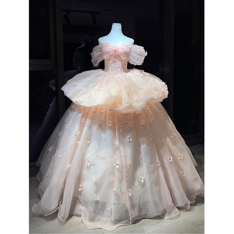 French-Style One-Shoulder Pink Dress with Floral Tulle Princess Gown, Light Tulle Student Coming-Of-Age Ceremony Tutu Dress, Themed Wedding Dress French-Style One-Shoulder Pink Dress with Floral Tulle Princess Gown, Light Tulle Student Coming-Of-Age Ceremony Tutu Dress, Themed Wedding Dress