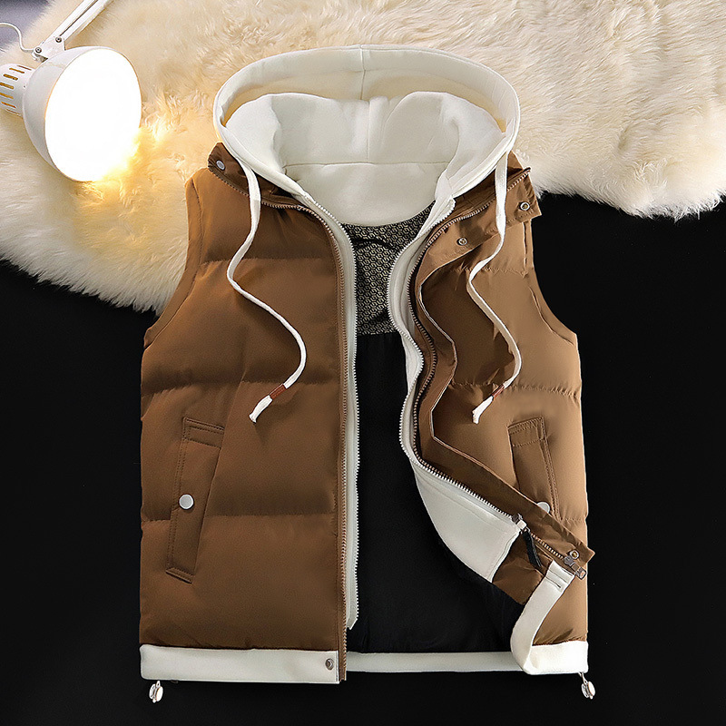 Trajes de invierno transfronterizos de grafeno falsos chaleco con capuzas de dos piezas marca de moda masculina de otoño y invierno de plumón sin mangas chaleco de calor de moda