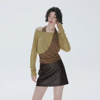 【现货】自由随性_挂脖假两件撞色_斜肩长袖t恤女/一字领露肩上衣
