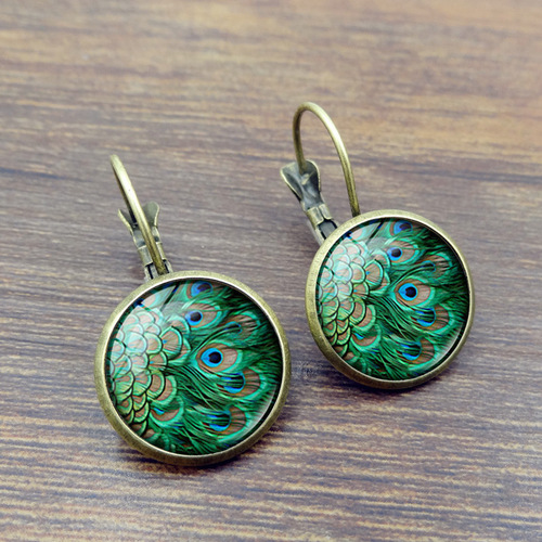 Peacock Feather Time Gemstone Earrings Women's Cross-Border European and American Jewelry Silver French French Ear Hook Jewelry Wholesale