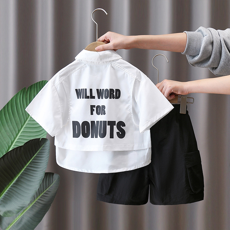 7158 Traje de camisa de verano para niños 2025 nueva ropa para niños coreanos de manga corta estilo universitario de dos piezas para niños