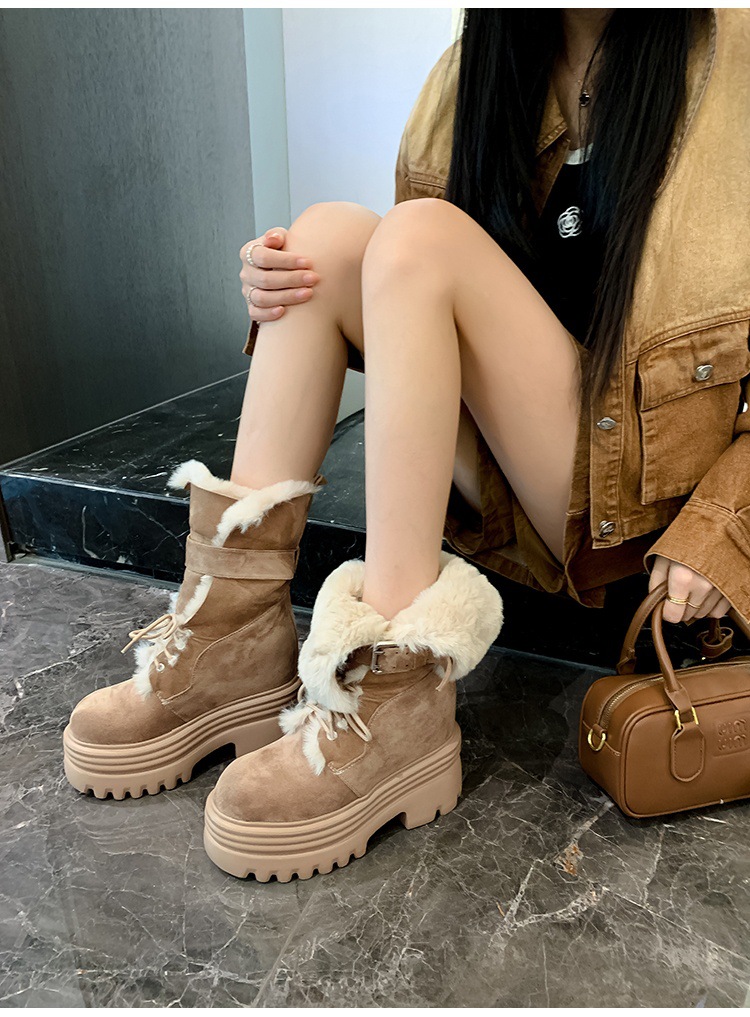 Boot nữ cổ cao ôm bắp chân đế nêm tăng chiều cao 12cm lót lông ấm — mơ 15cm chi tiết 16