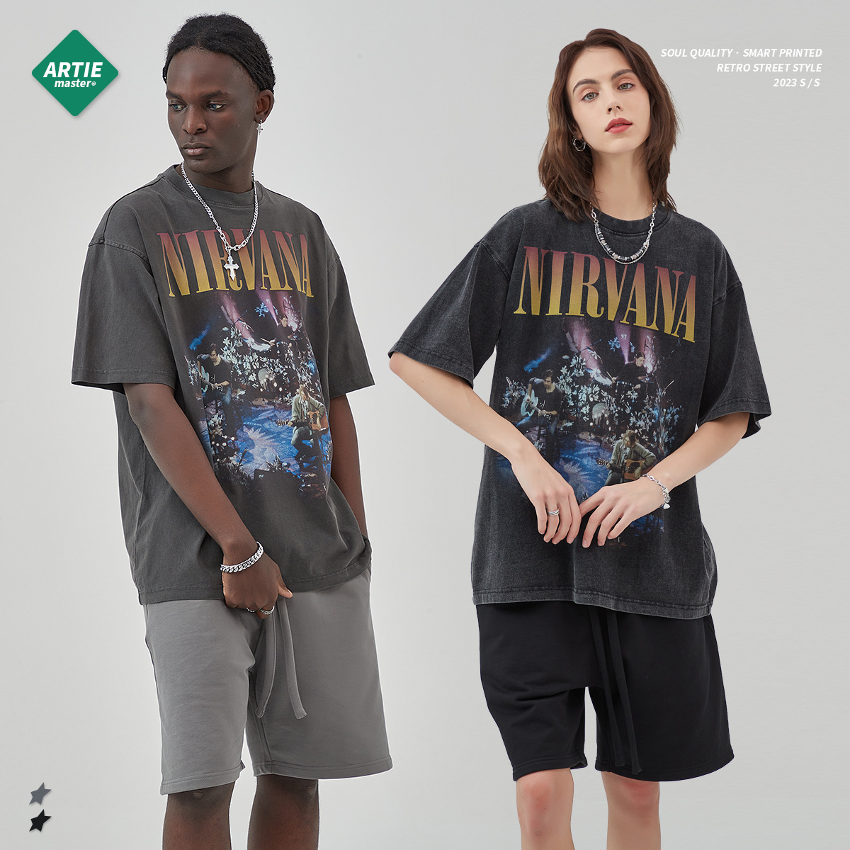 ARTIE desgaste de los hombres 2023 de primavera y verano lavado retro moda marca camiseta Nirvana banda digital inyección directa impresa hombres de manga corta