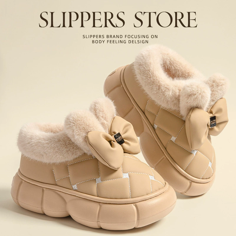 Лук с толстым дном и хлопчатобумажные тапочки женские зимние 2024 новые наружные носки увеличены, бархатные теплые водонепроницаемые снежные сапоги