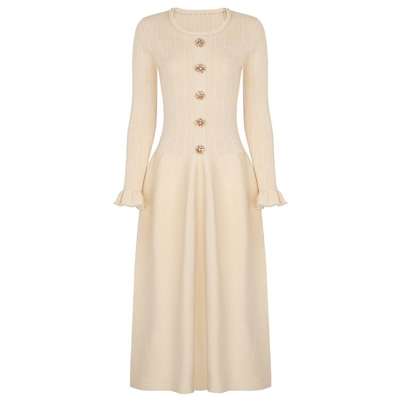25182 Quality Spot European and American Spring and Autumn New Fashion Knitted Heavy Pearl Slim Fit Long Sleeve Dress