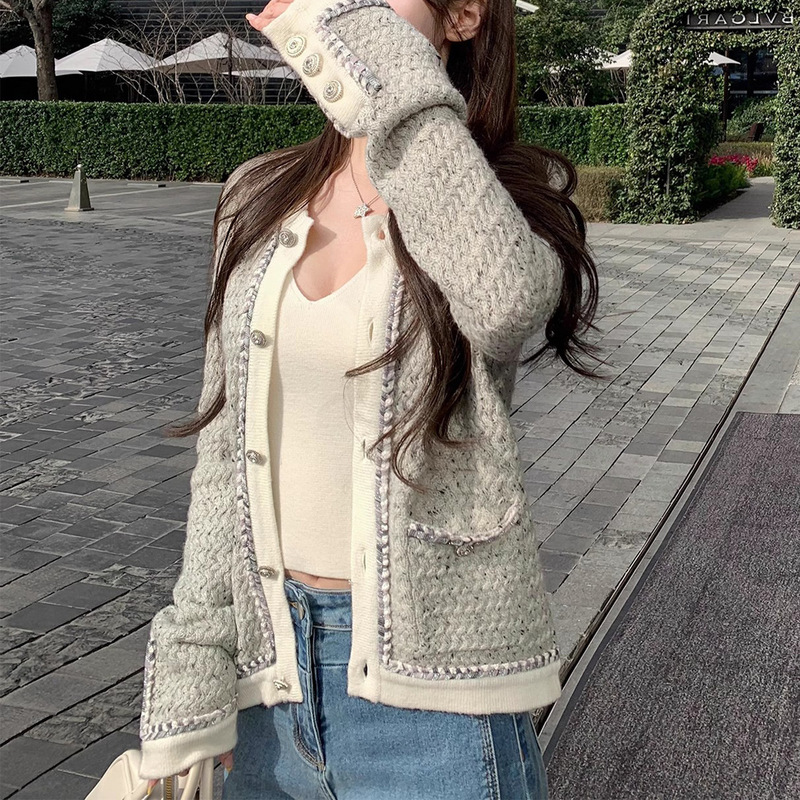 in stock "Silver Frost" Silver-gray Blend Wool Fragrance Versatile Knitted Cardigan Jacket Top